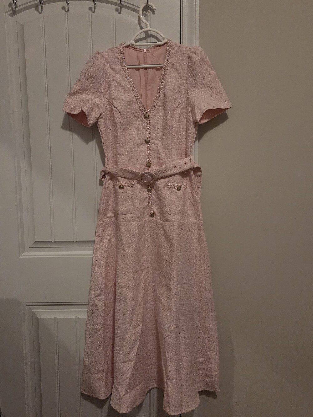 Premium SHEIN Light Pink Short-Sleeve Belted Midi Dress